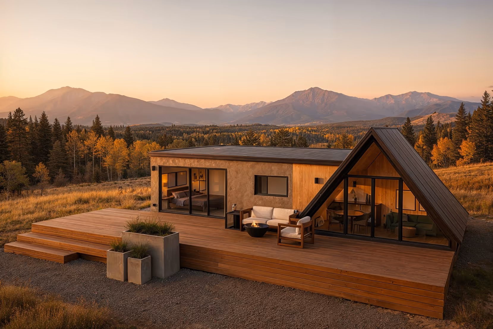Modern cabin with wooden deck and outdoor seating, set in a forest clearing with mountains in the background at sunset.