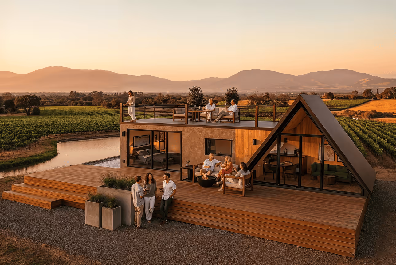 A modern A-frame cabin with wooden deck and rooftop seating, surrounded by vineyard fields and mountains at sunset with people socializing outdoors.