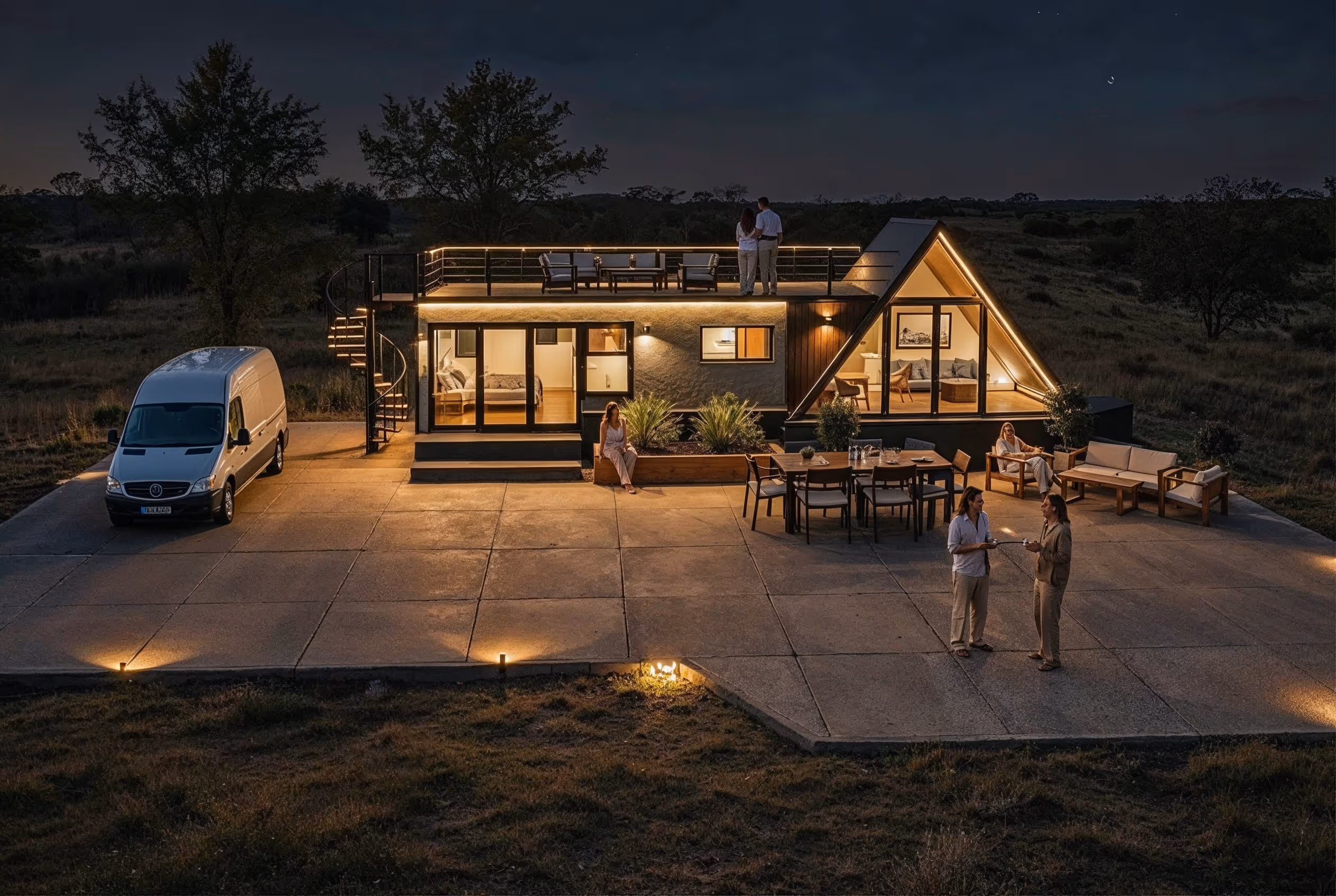 Night view of a modern tiny home with warm interior lighting, outdoor seating, rooftop deck with people, and a white van parked beside it.