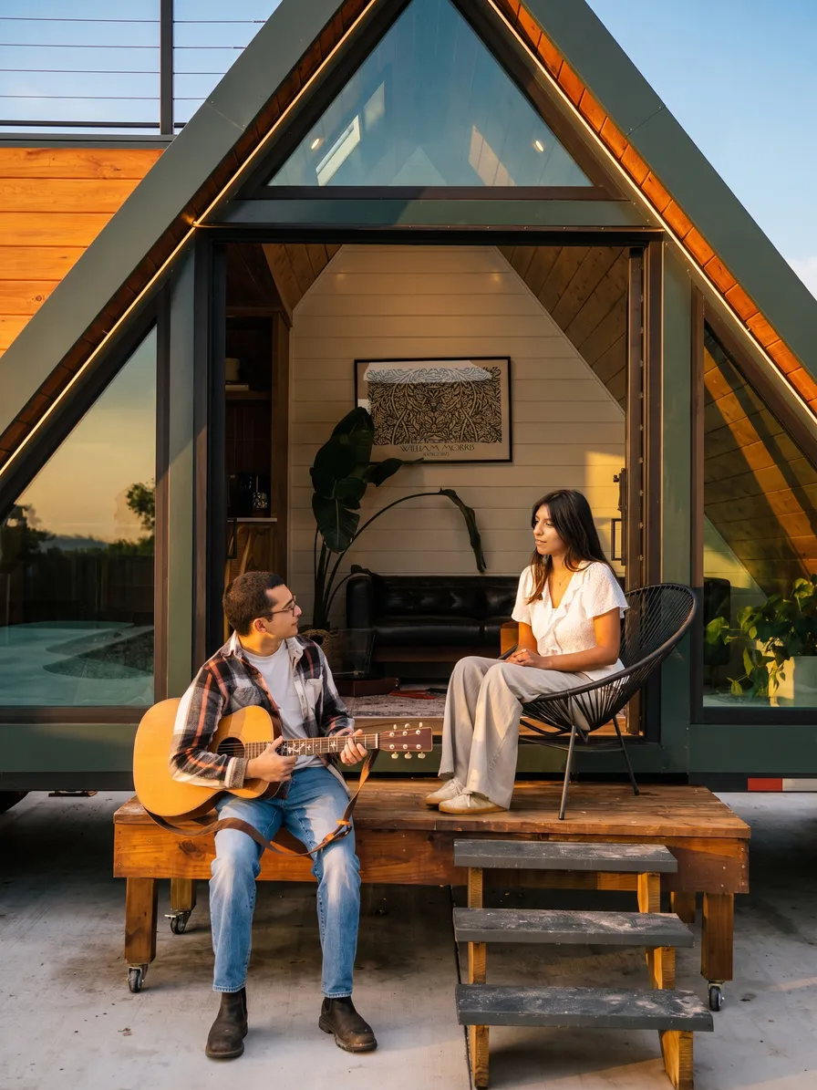 Man sitting on wooden porch steps playing acoustic guitar, facing woman seated in black wicker chair on wooden deck in front of small A-frame cabin during sunset.