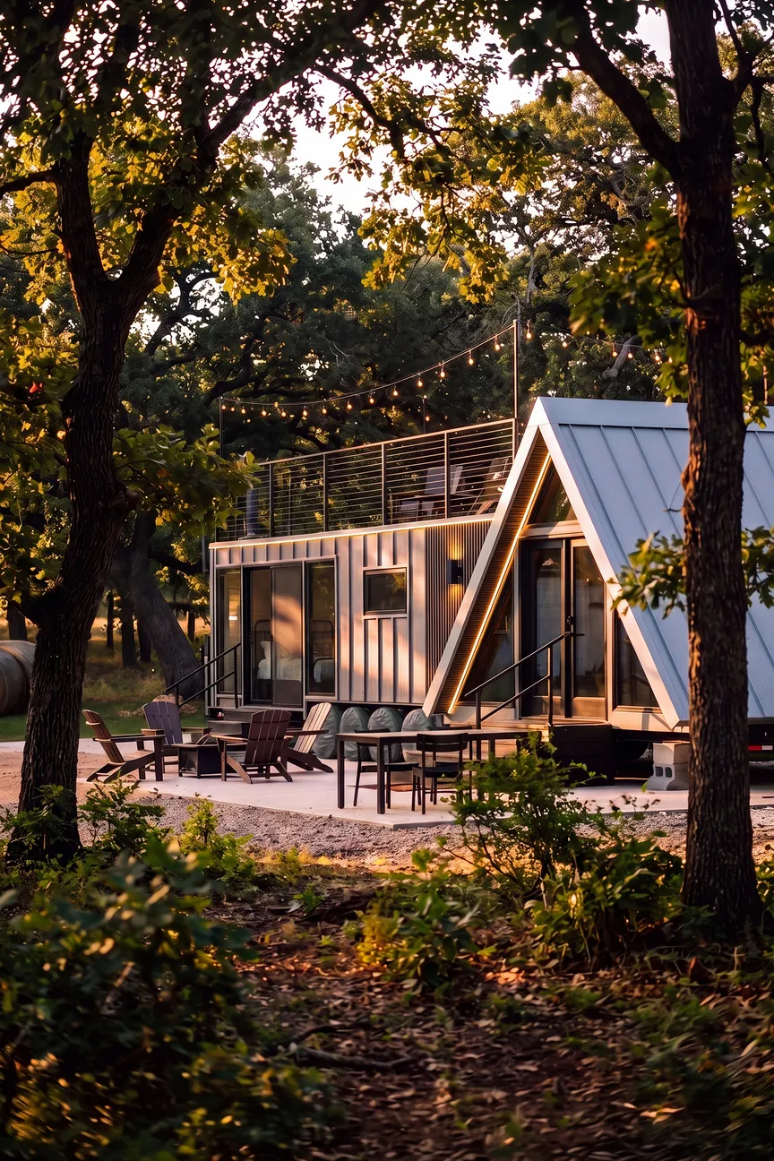 Modern A-frame cabin with large windows and a metal roof next to a rectangular building with a rooftop deck decorated with string lights, surrounded by trees and outdoor seating including chairs around a fire pit and a table with chairs.