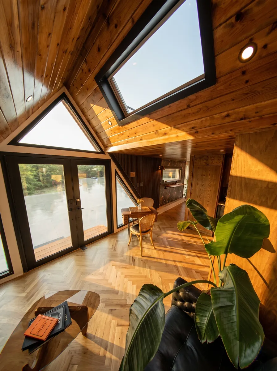 Modern room with large triangular and rectangular windows letting in sunlight, wooden floors and ceiling, a glass coffee table with books, a small table with chairs near the window, and a large green plant beside a black leather sofa.