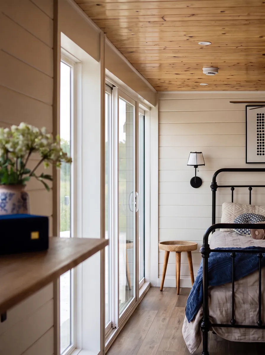 Cozy bedroom corner with a black metal bed, beige and patterned pillows, blue blanket, wooden floor, sliding glass doors letting in natural light, a woven side table, white wall with black wall lamp, and wooden ceiling.
