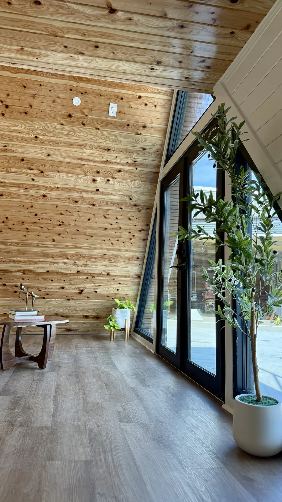 Pine-walled A-frame room with glass doors and an olive tree
