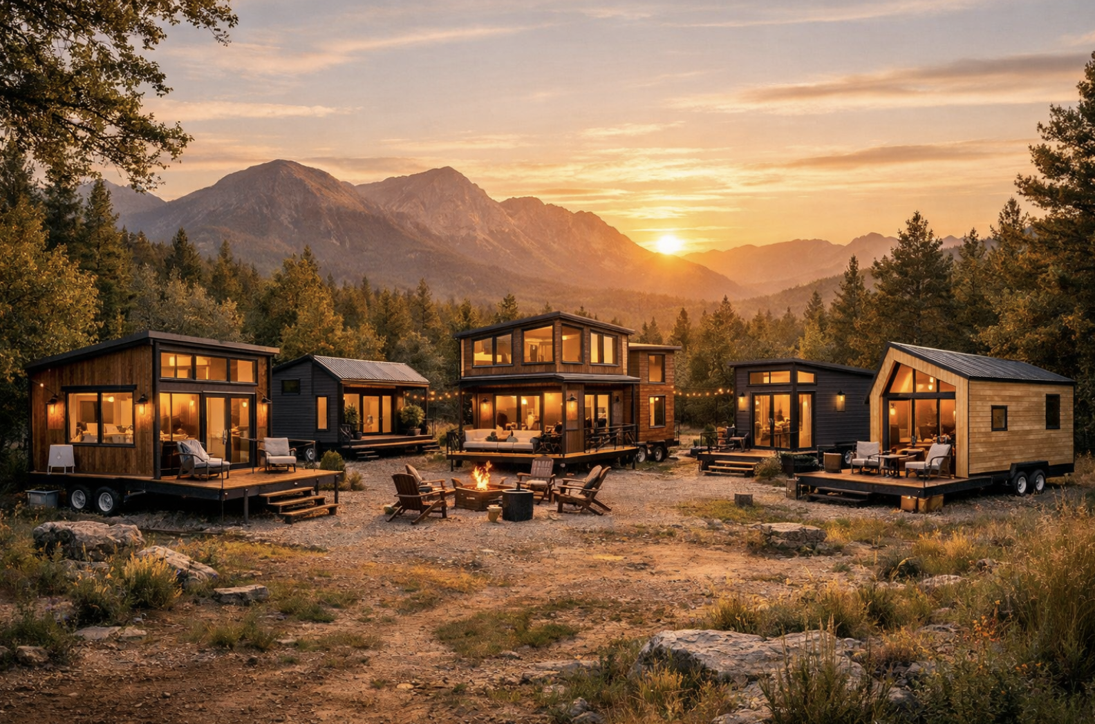 Five luxury tiny homes spaced across natural land, representing the growth from one unit to a micro‑resort.