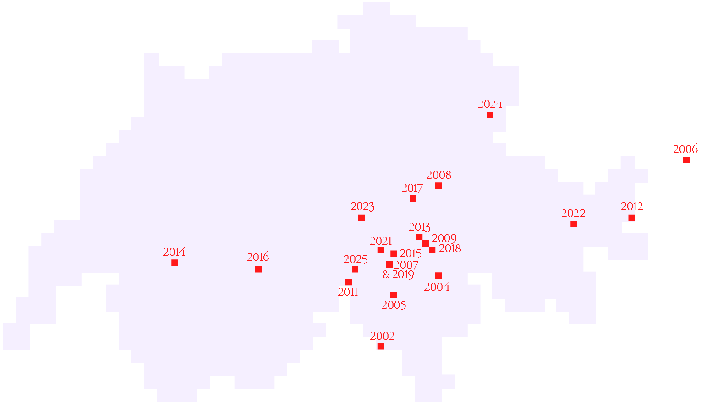 Map of Switzerland showing red squares labeled with years from 2002 to 2025 scattered across the country.