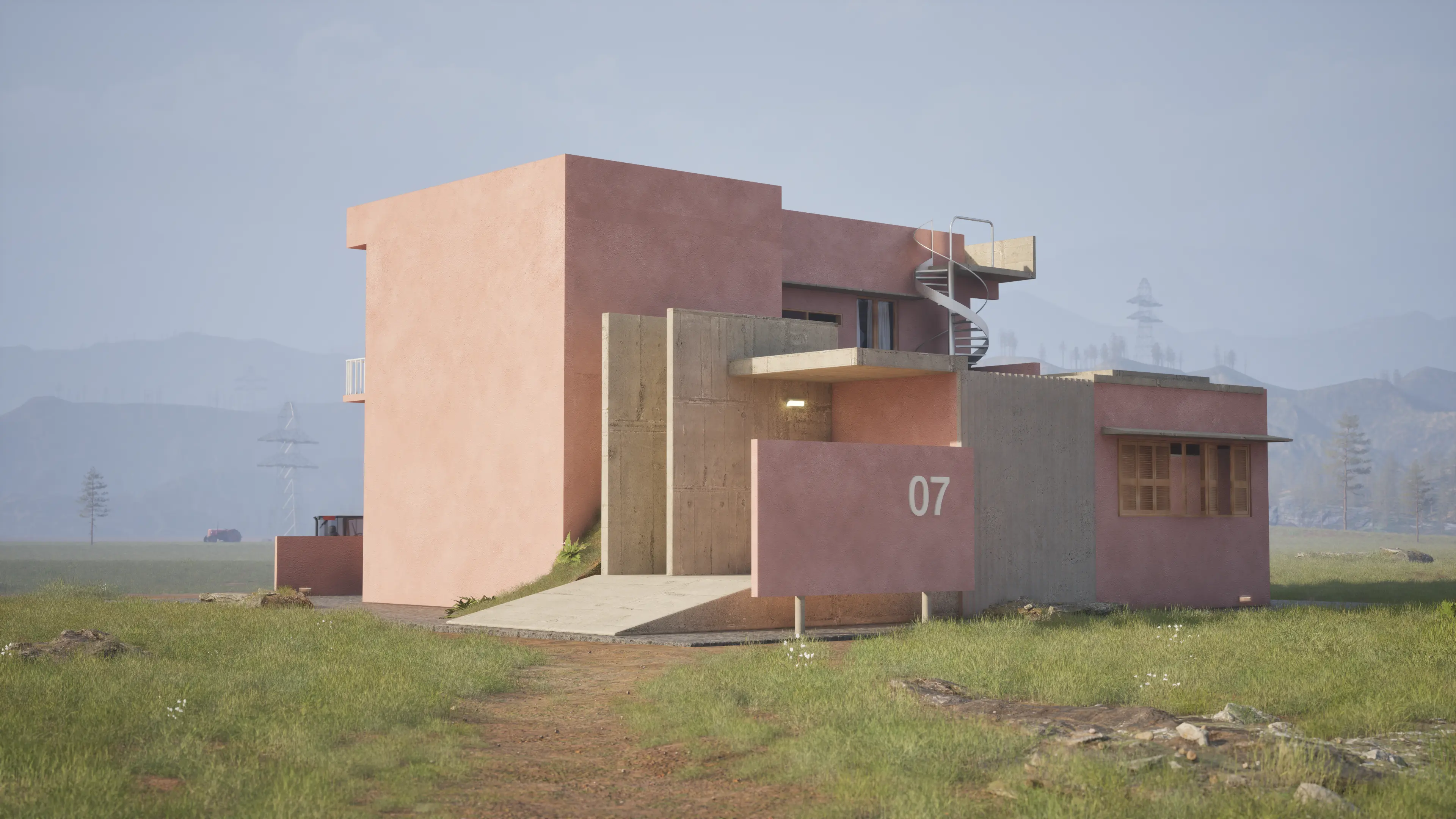 Simple geometry with even simplified RCC walls on a monolithic structure. A home perched on a serene hillside overlooking the mountains.