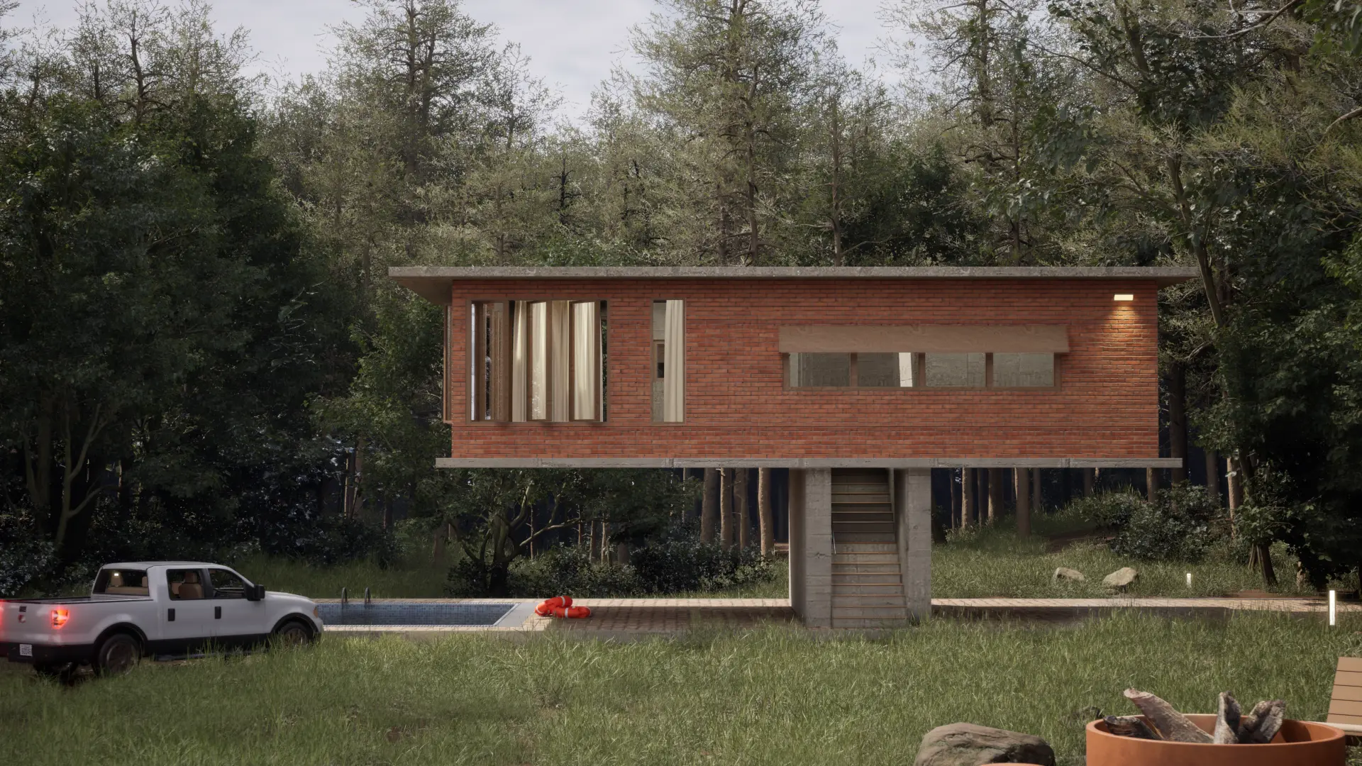 A cantilever structure floating above ground that minimizes footprint while allowing the lush forest to thrive beneath.