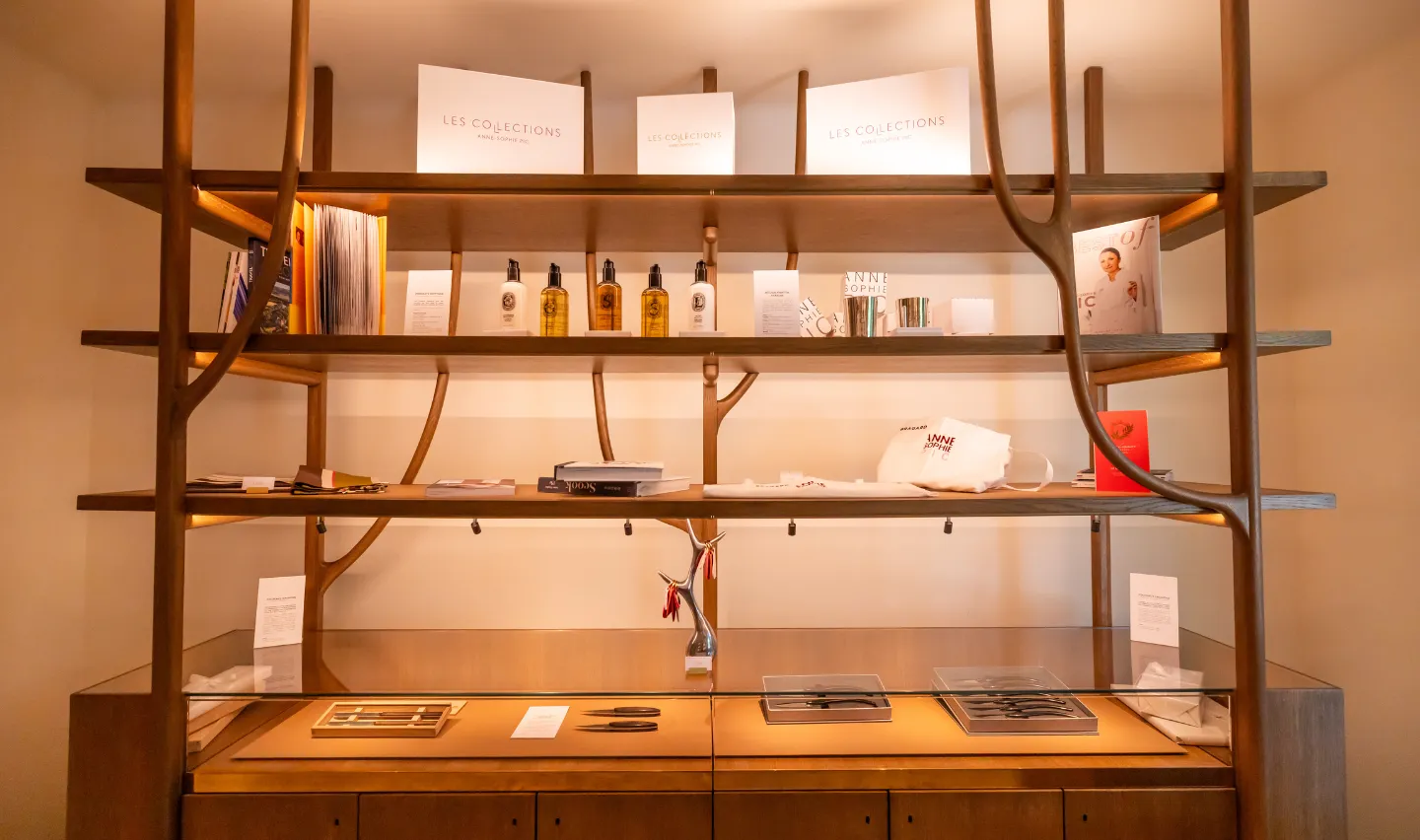 Holzregal mit Kosmetikprodukten, Broschüren und Gegenständen, die unter dem Fenster ausgestellt sind.