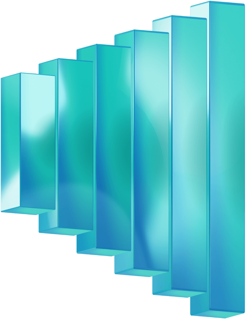 Seven ascending translucent blue 3D bars forming a bar chart.
