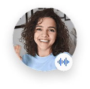 Smiling woman with curly hair wearing a light blue shirt with a voice recognition icon.