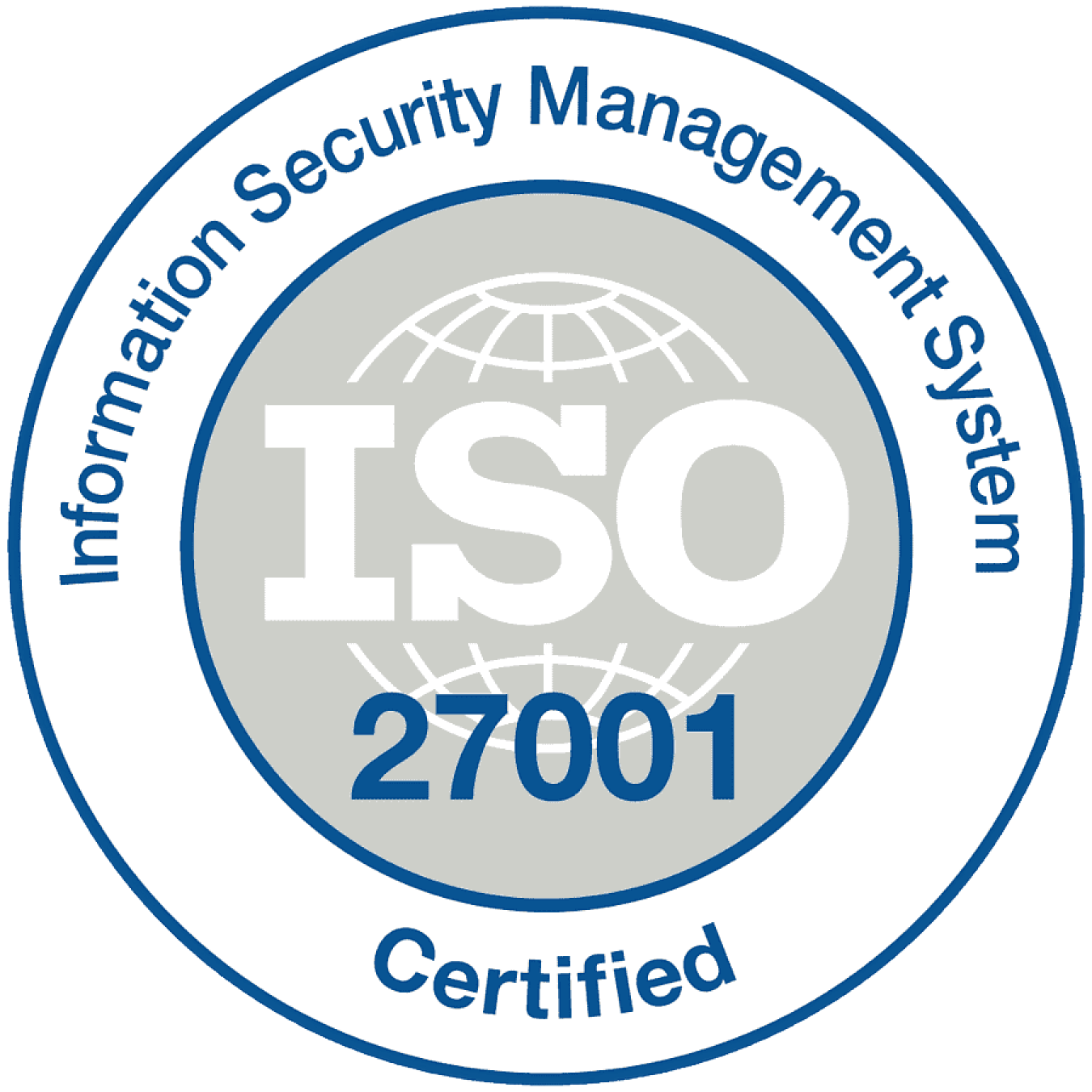 Seal with text 'ISO 27001' in the center and 'Information Security Management System Certified' around the circle.