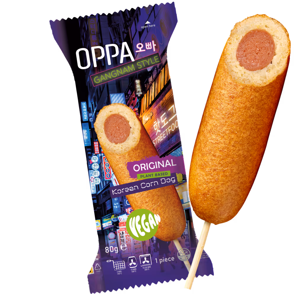 A product image of a Corndog with the packaging next to it