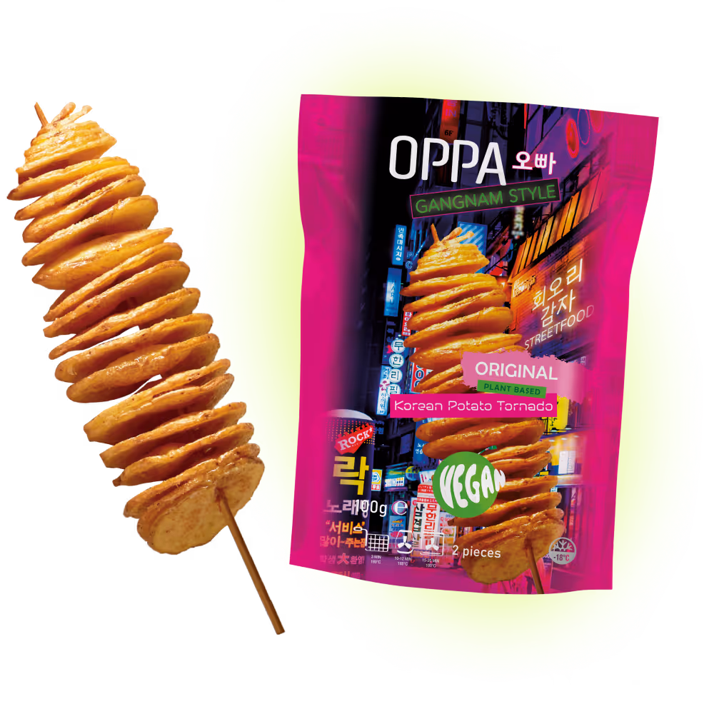 A product image of a potato tornado stick with the packaging next to it