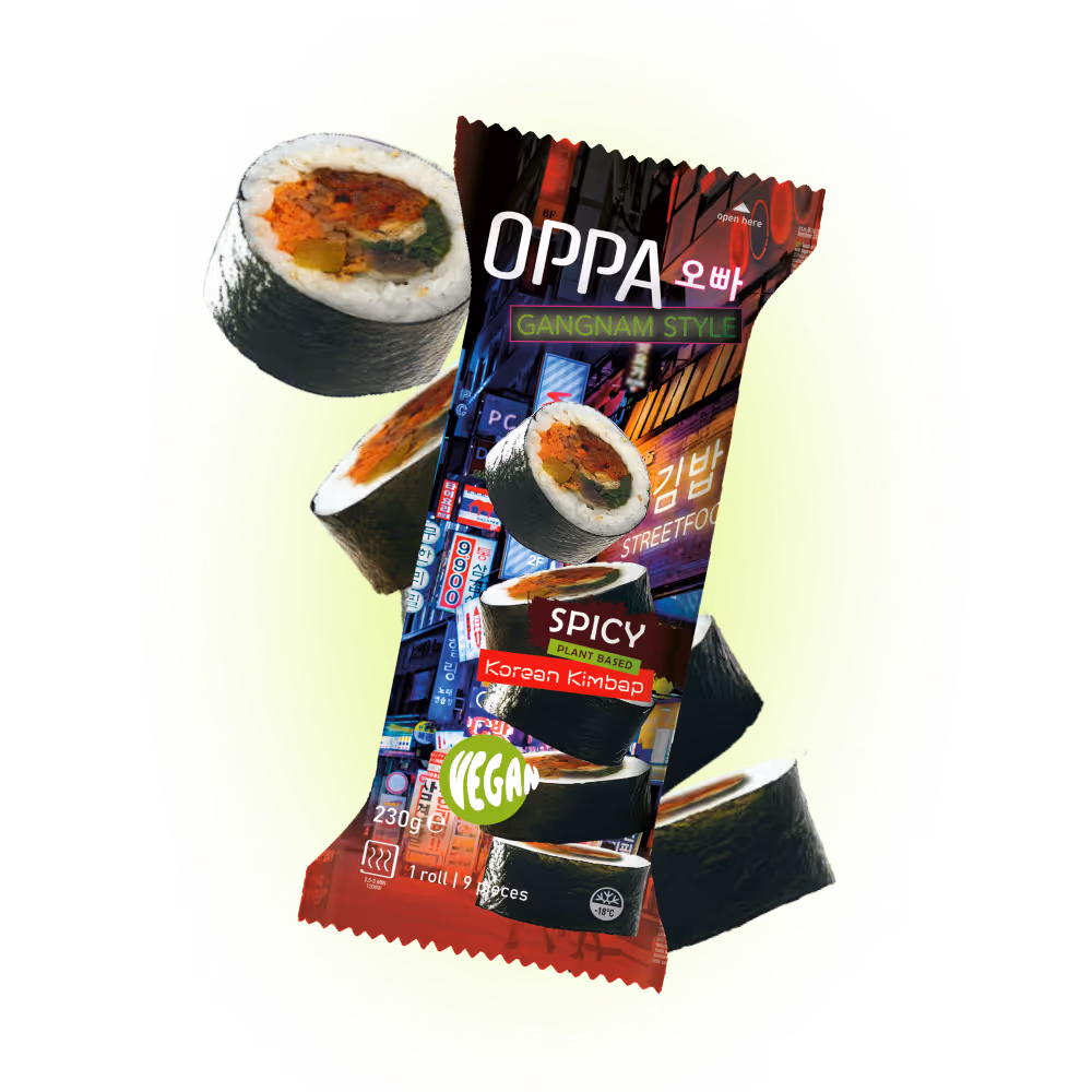 A product image of spicy Kimbap with little pieces of spicy Kimbap visible