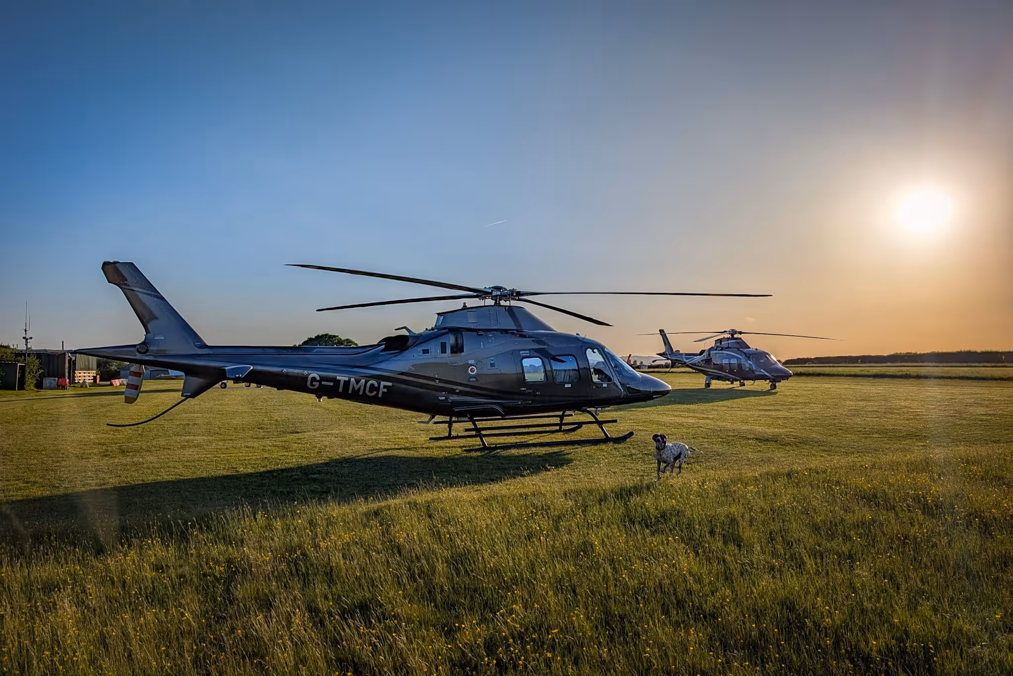 Two helicopters parked on a grass field at sunset with a person nearby.