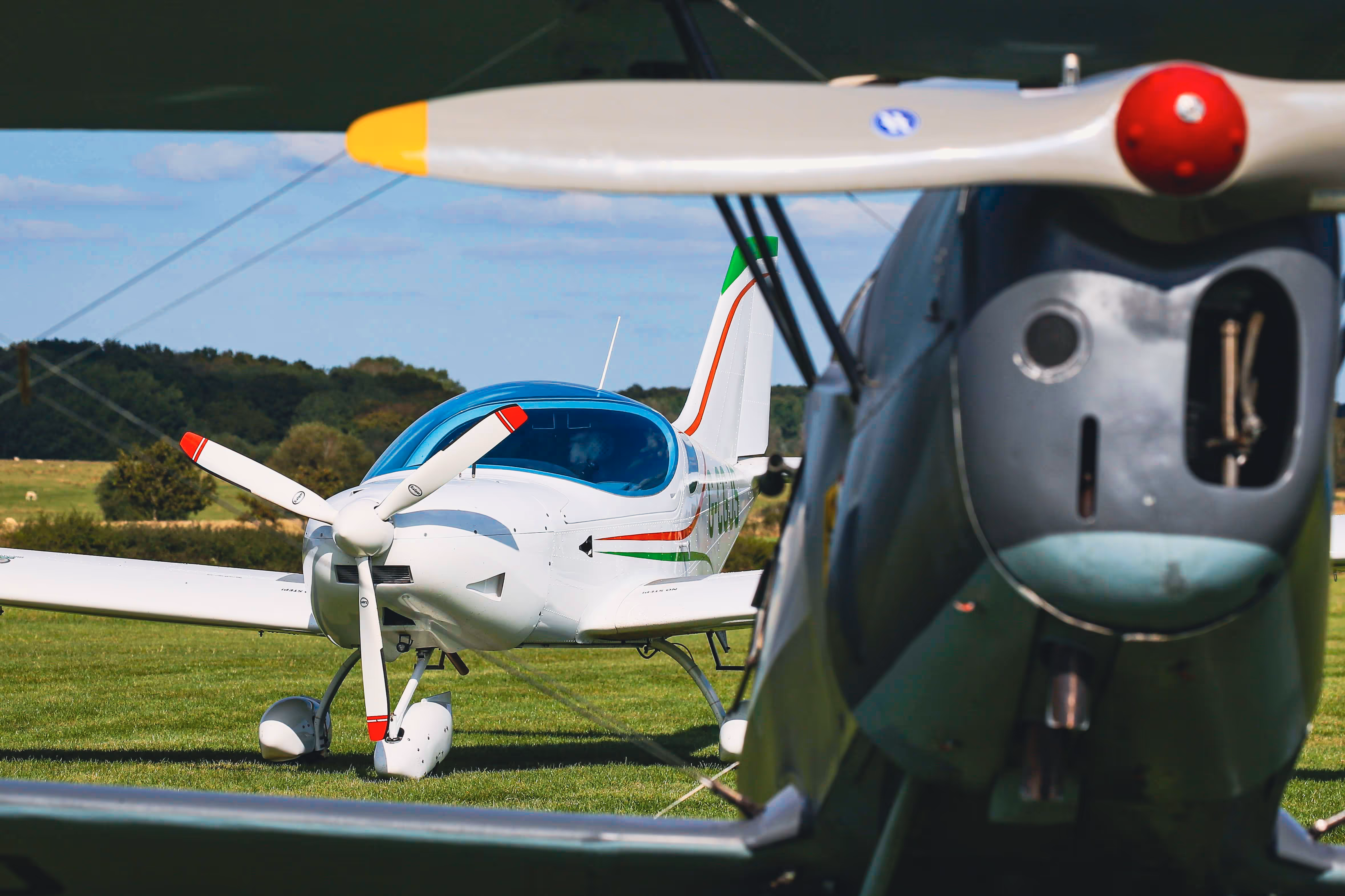 Two small planes parked on grass at an airfield on a clear day.