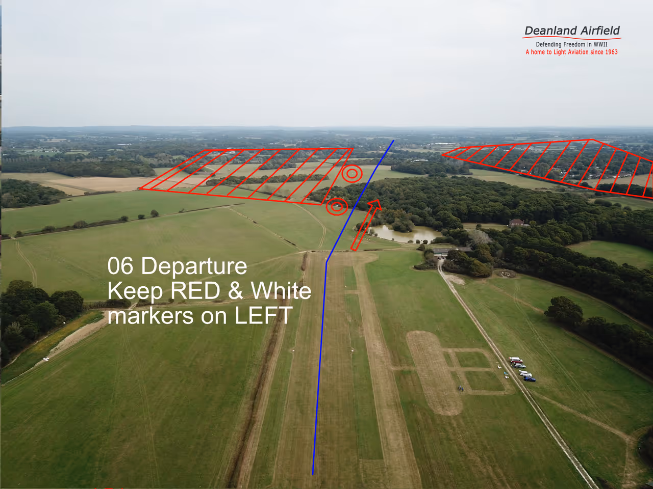 Aerial view of Deanland Airfield with red and white marker instructions for aircraft departure direction.