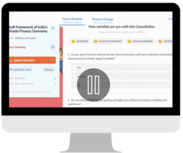 Computer screen showing an online consultation survey about India's climate finance taxonomy with satisfaction rating options and questions on policy effectiveness.