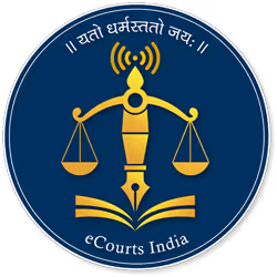 Gold balanced scales shaped like a pen nib above an open book on a blue circular background with the text 'eCourts India' and a Sanskrit phrase above.