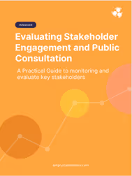 Cover of a guide on Evaluating Stakeholder Engagement and Public Consultation, with an orange background and network graphic