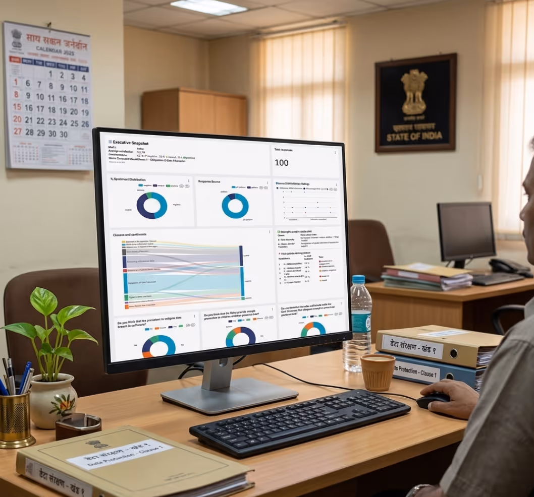 Laptop displaying Civis Consultation Platform webpage with headline 'Your turn, citizen' and a button to start participating.