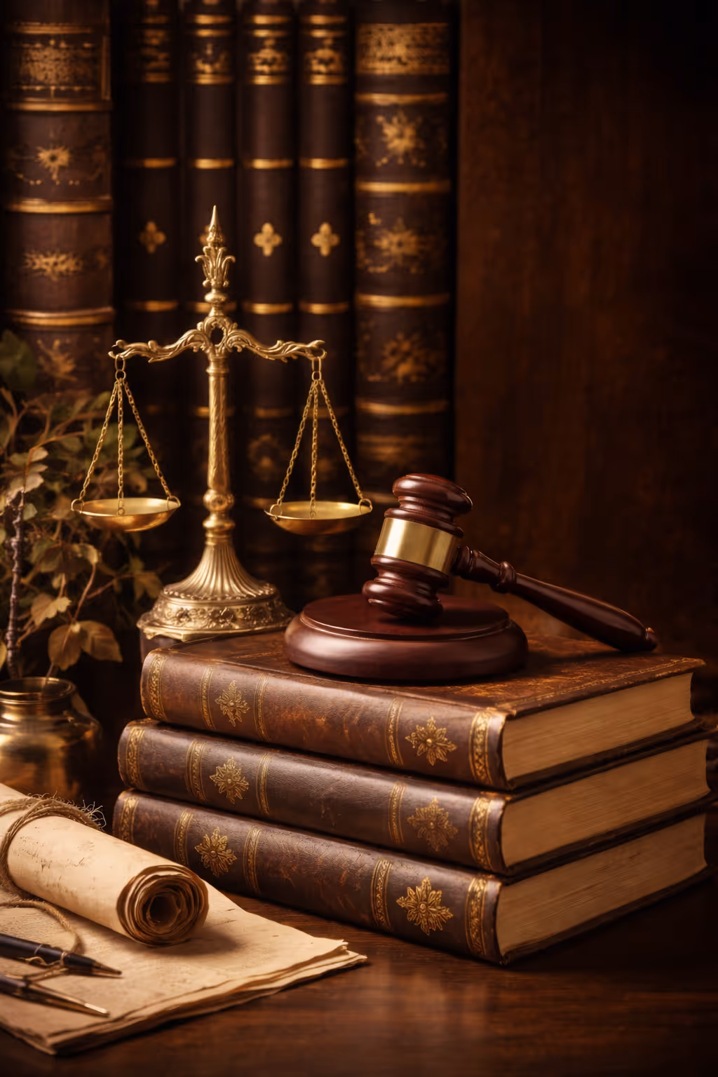 A gavel, scales of justice, and law books symbolizing legislative authority.