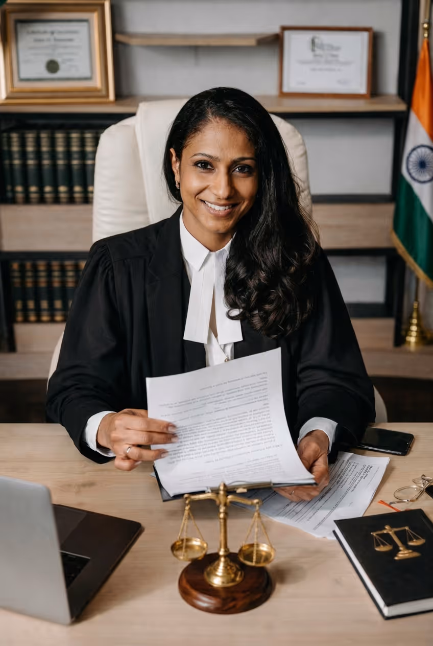 woman in legal attire holding documents at a desk with scales of justice
