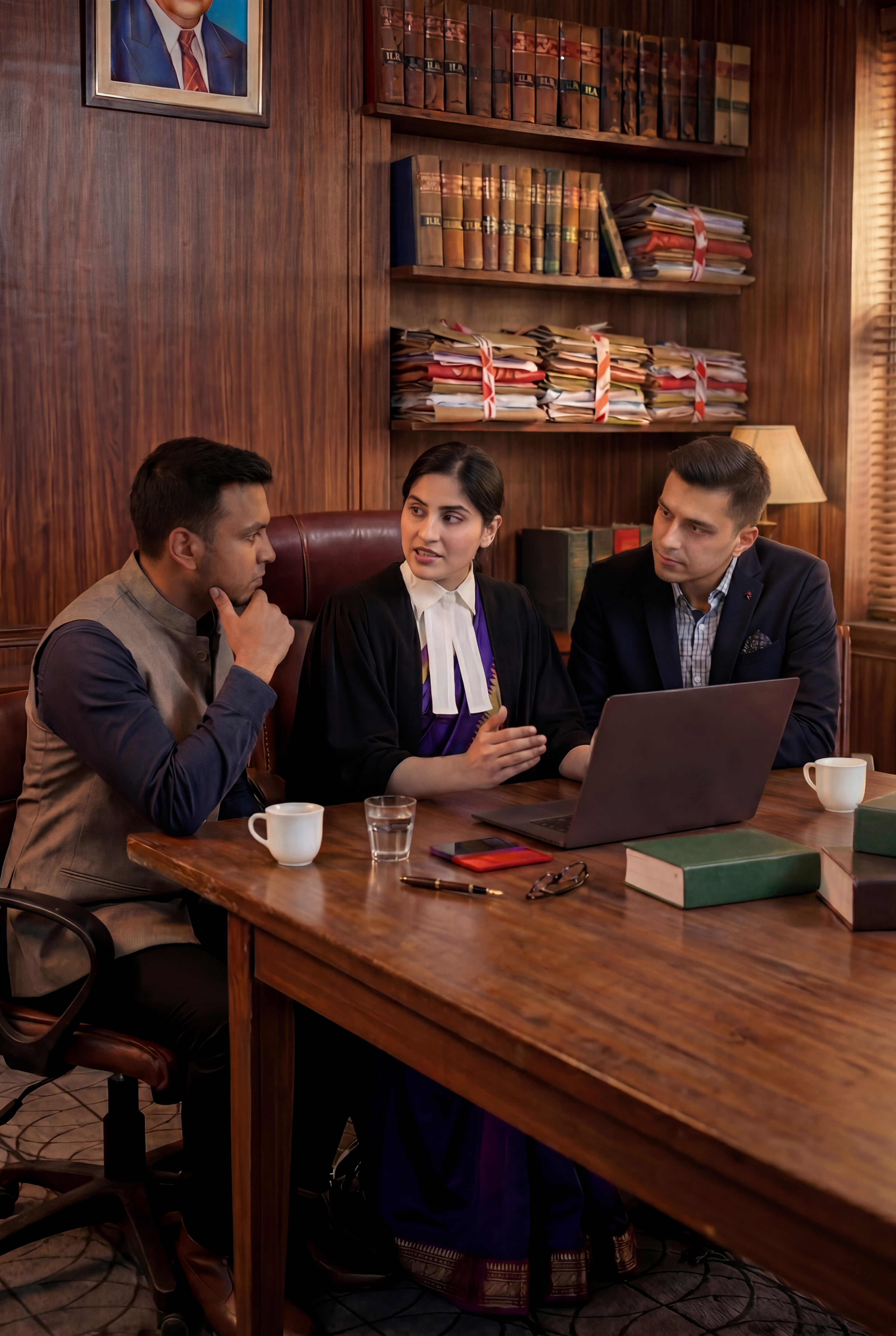 A lawyer in robes consulting with two clients at a desk in a law office.