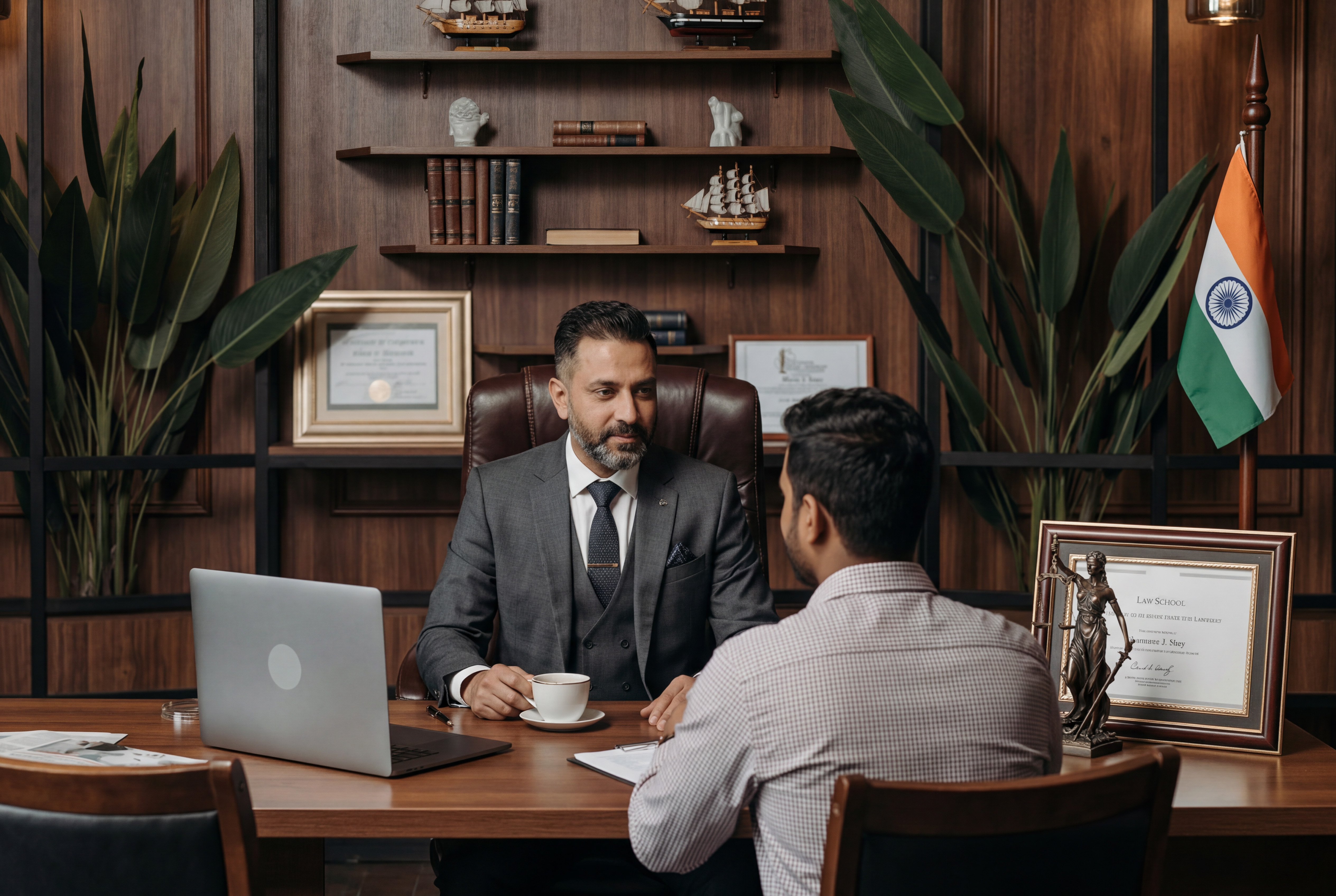 A suited professional meeting with a client across a desk in a formal office.