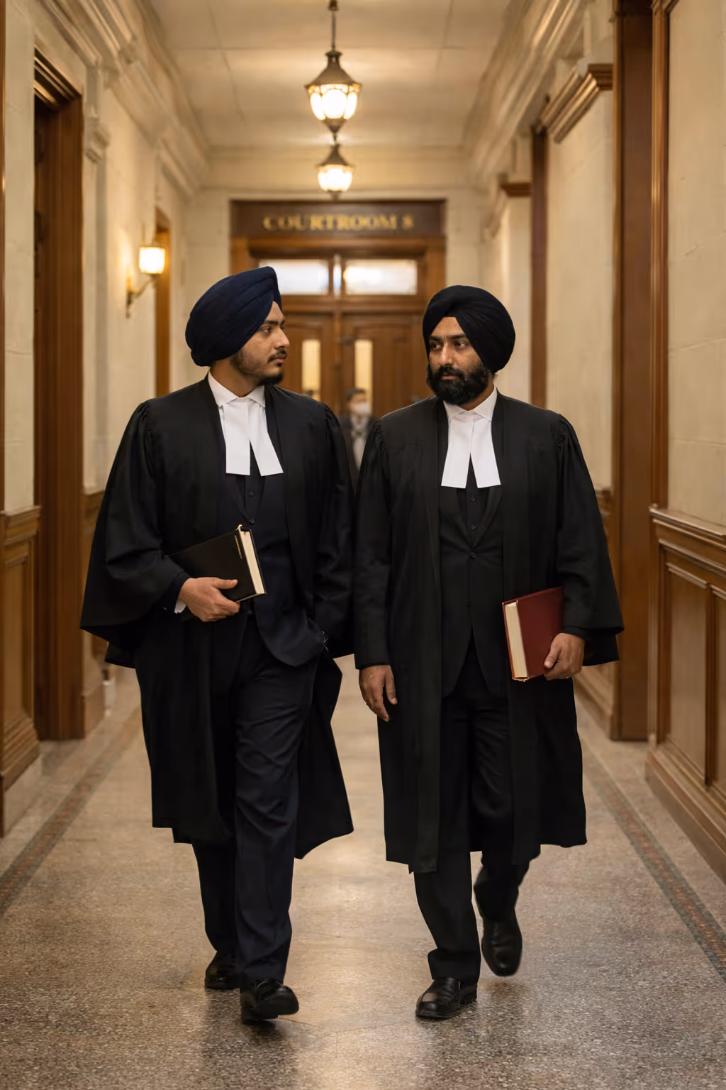 Two lawyers in robes carrying books, walking through a courthouse corridor