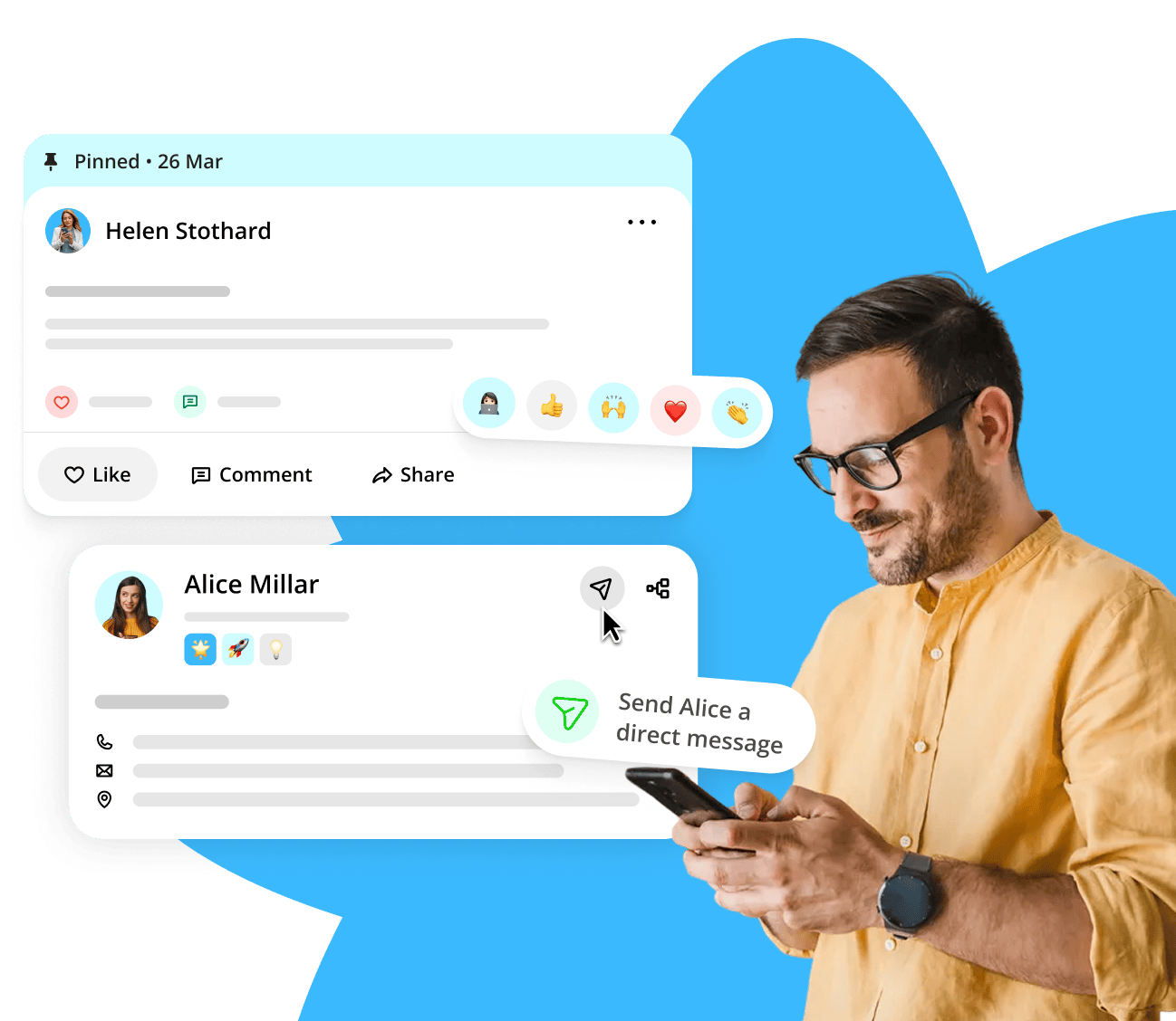 man holding phone. messages and social media post overlay
