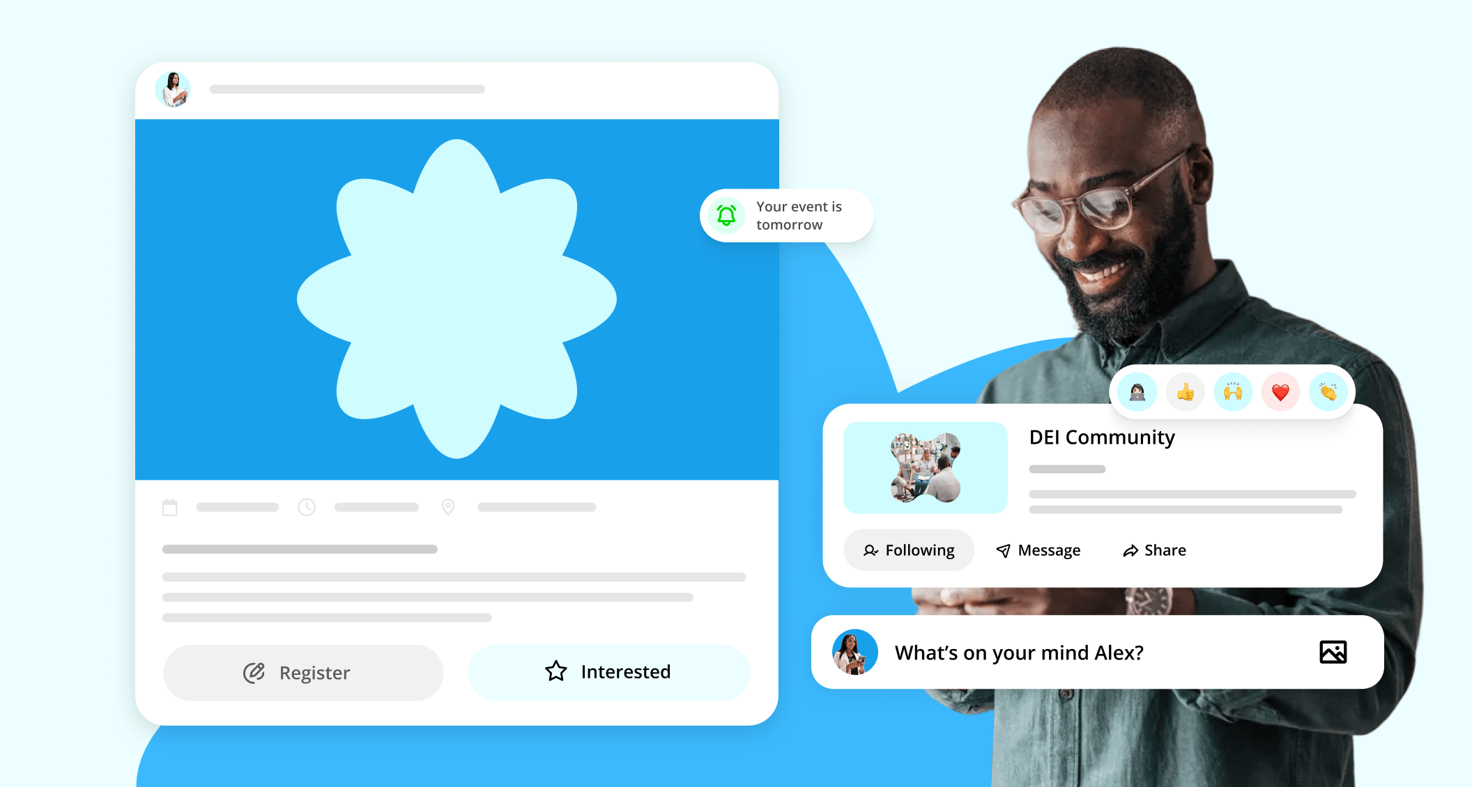 man holding phone. messages and social media post overlay