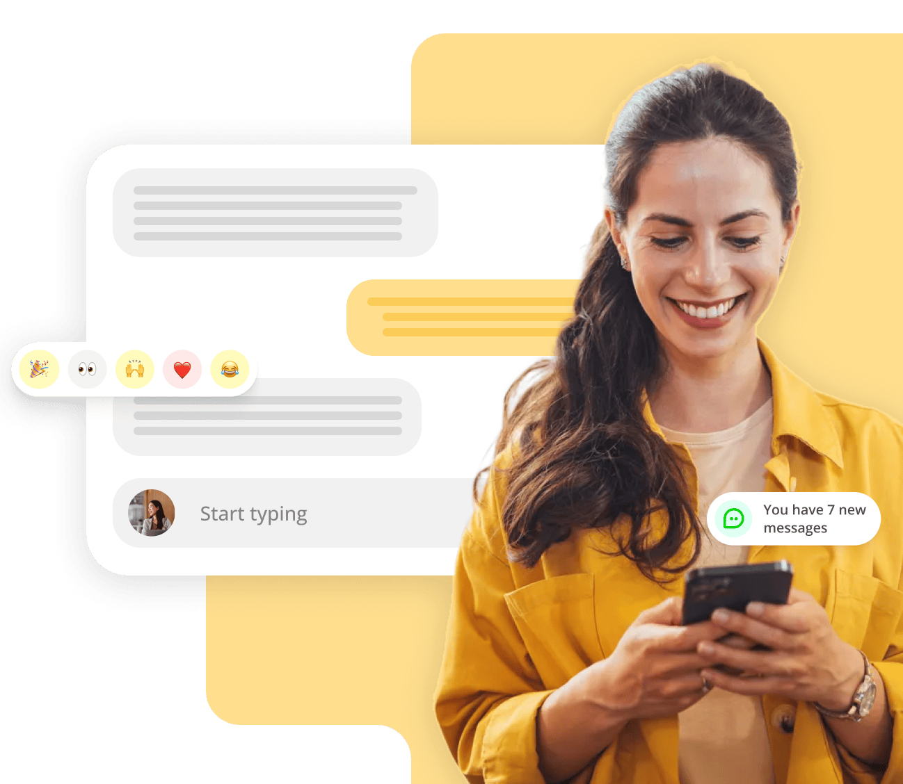 woman holding phone. messages and social media post overlay