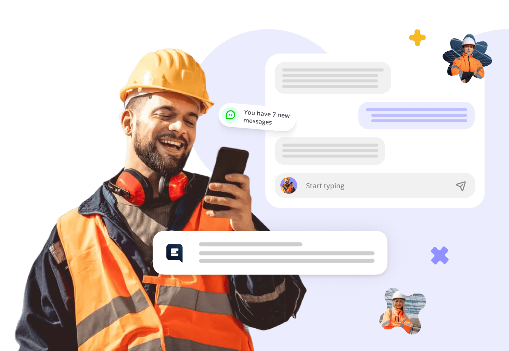 man holding phone. messages and social media post overlay