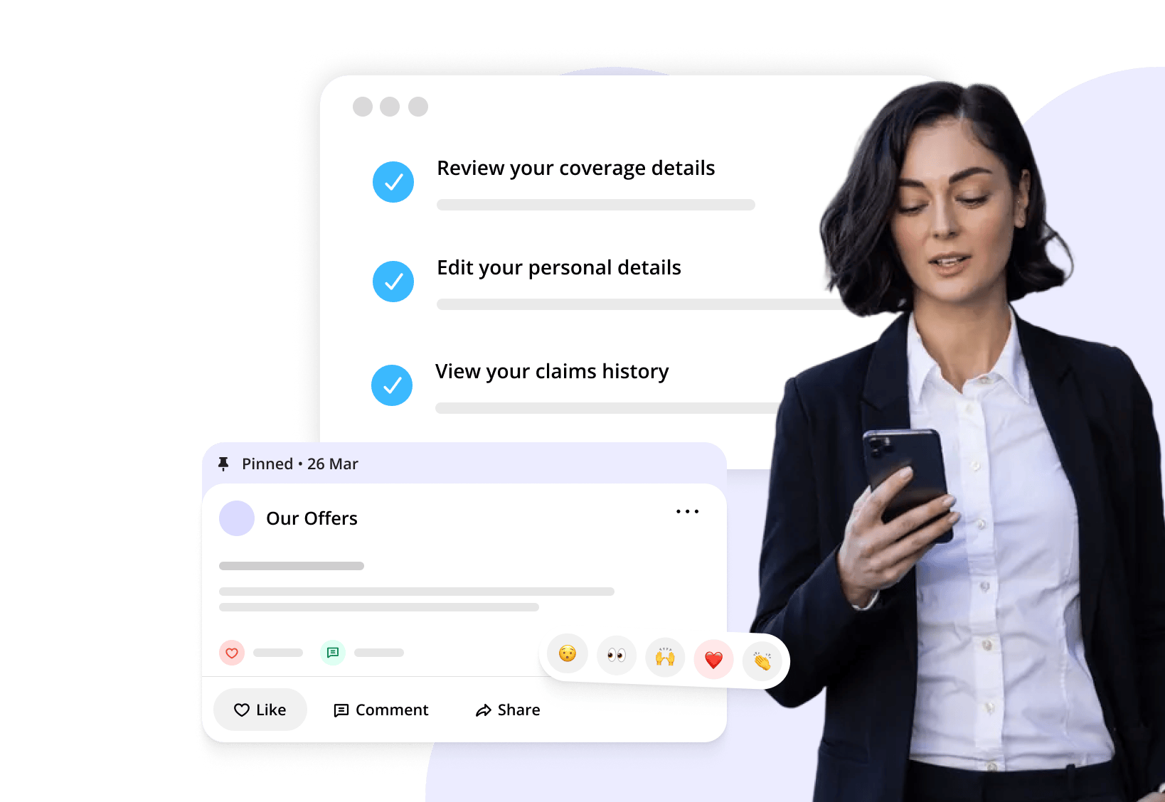 woman holding phone. messages and social media post overlay