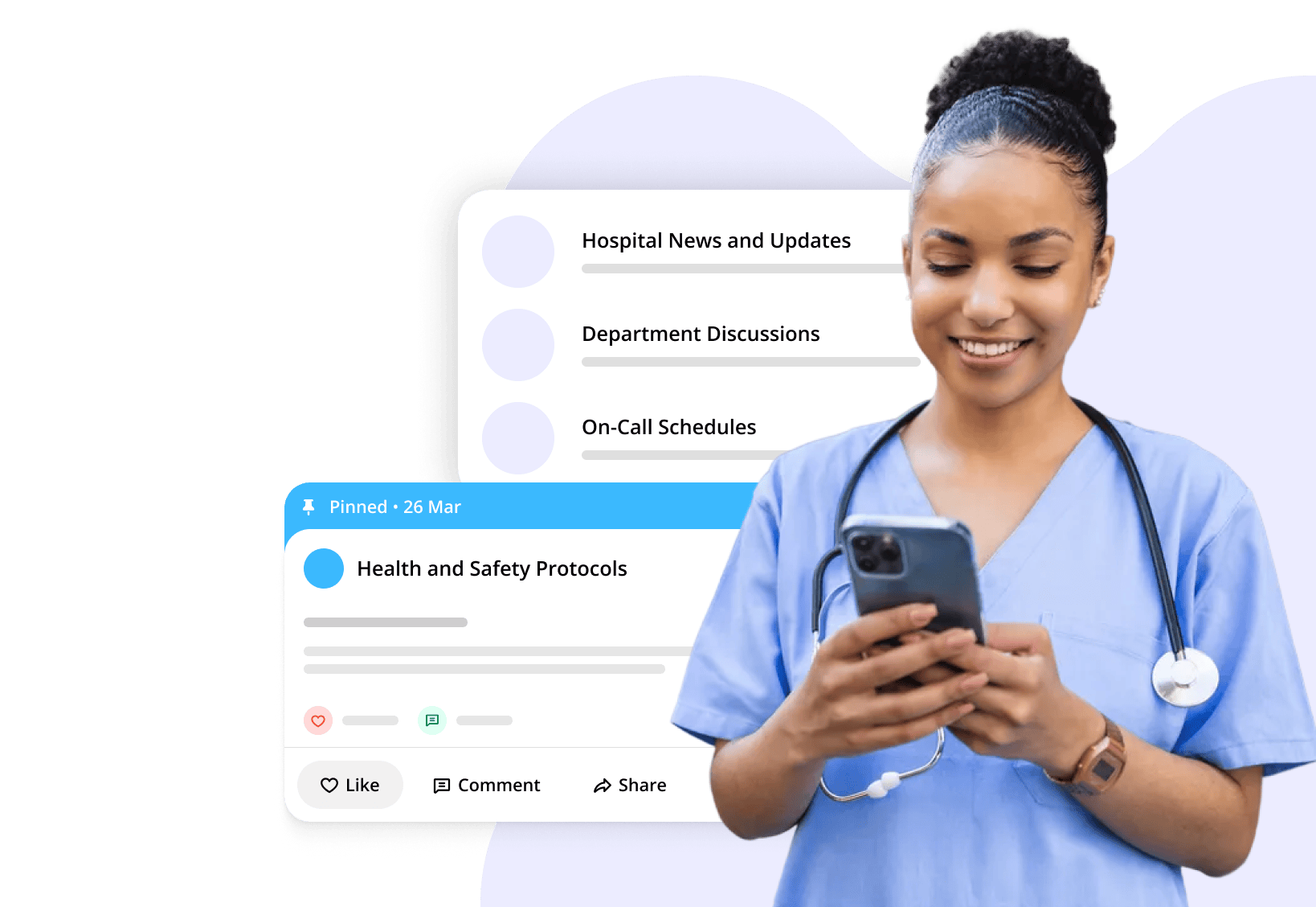 woman holding phone. messages and social media post overlay