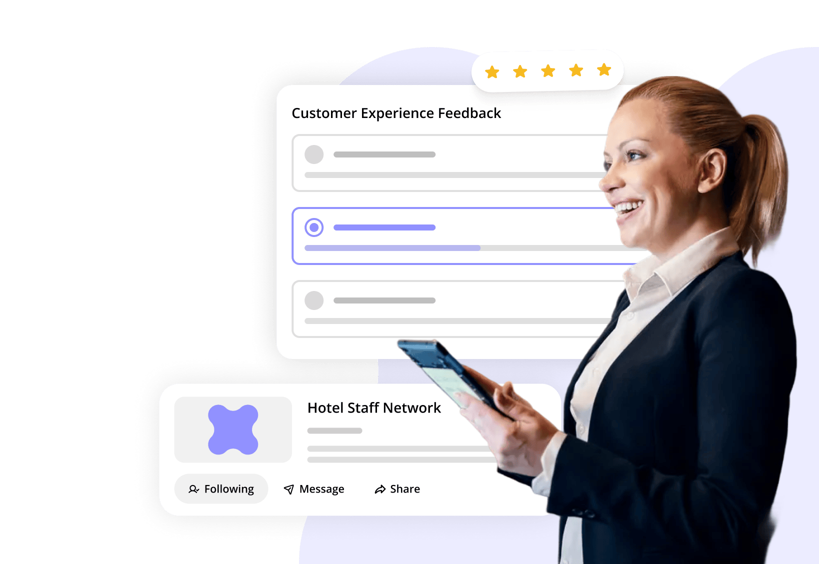 woman holding phone. messages and social media post overlay