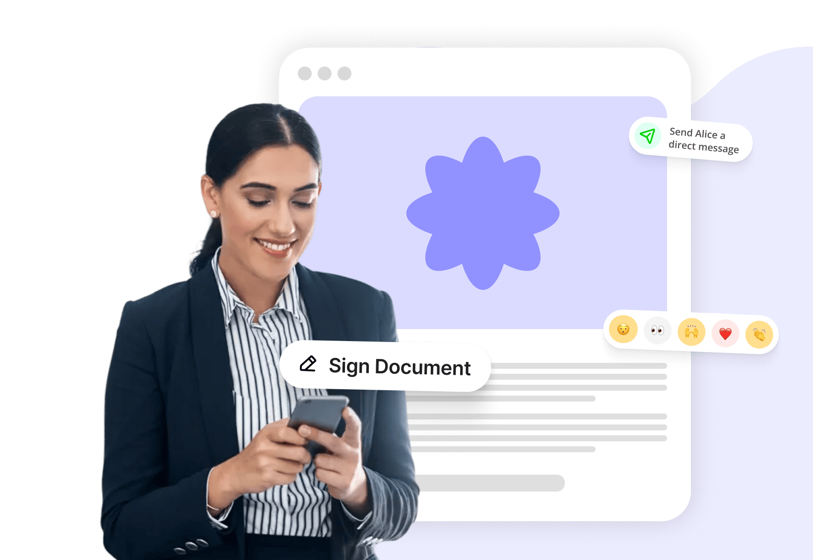 woman holding phone. messages and social media post overlay