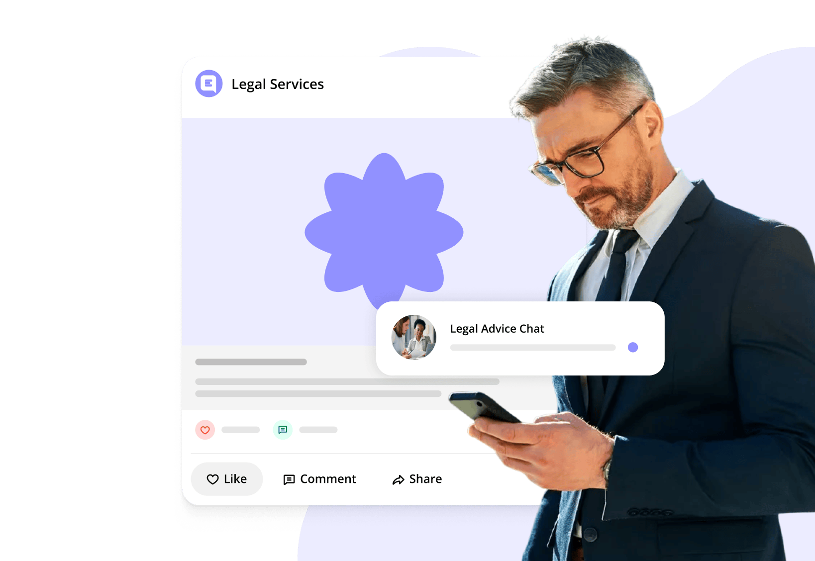 man holding phone. messages and social media post overlay