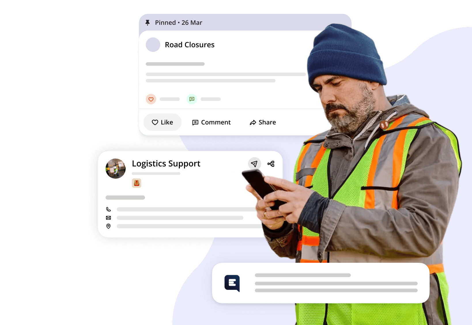 man holding phone. messages and social media post overlay