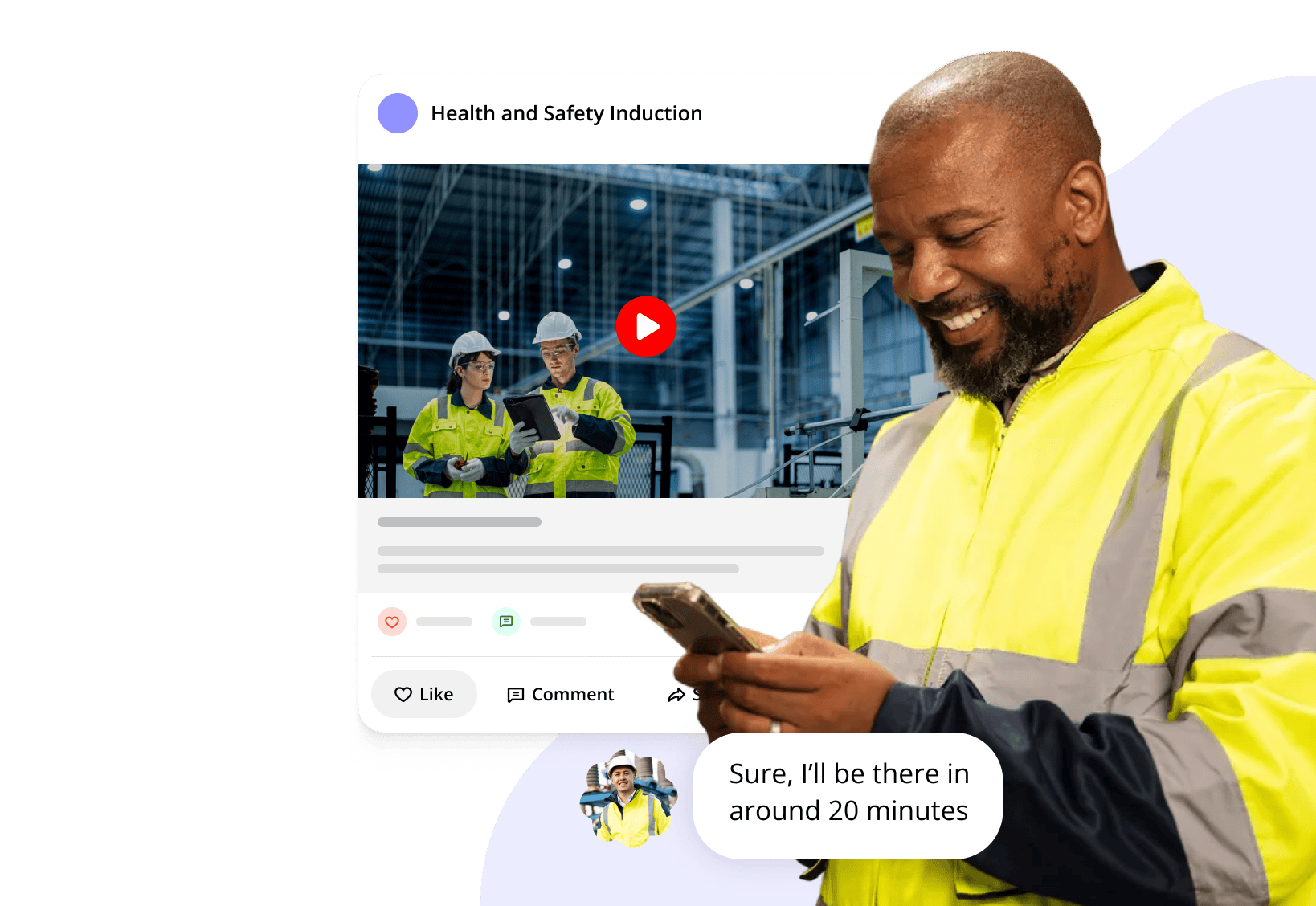 man holding phone. messages and social media post overlay