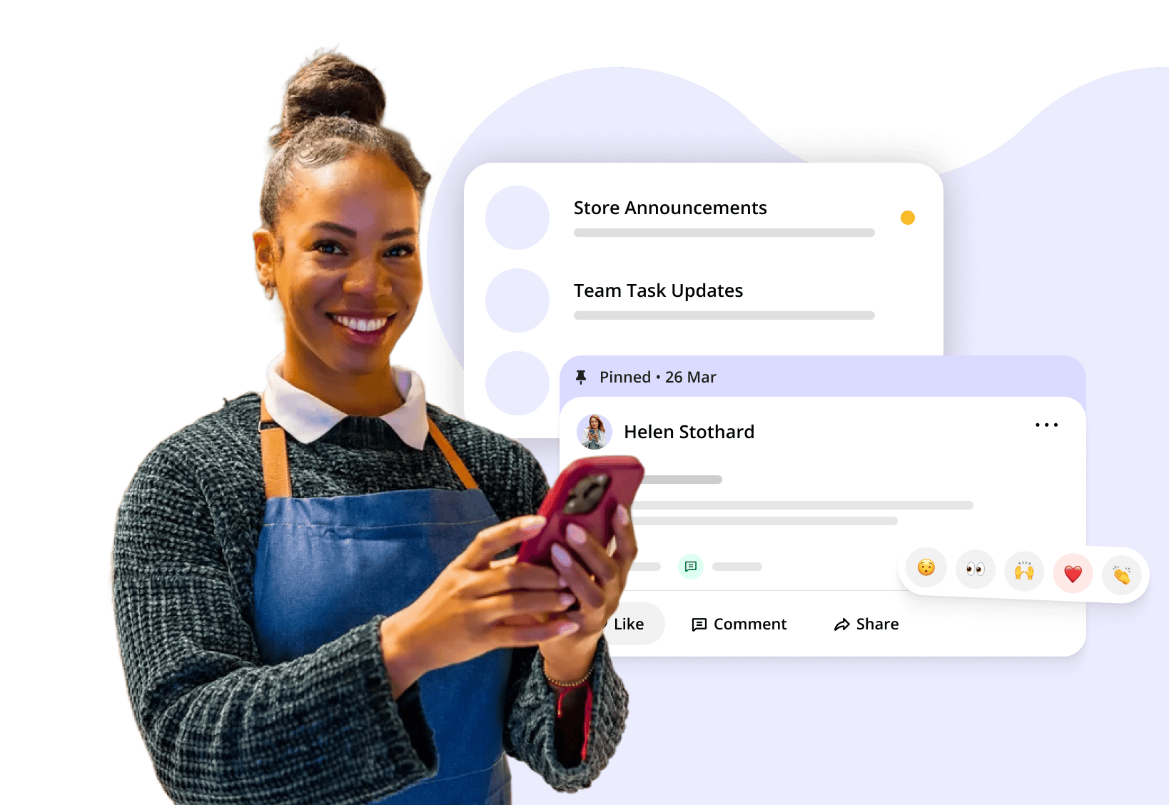 woman holding phone. messages and social media post overlay