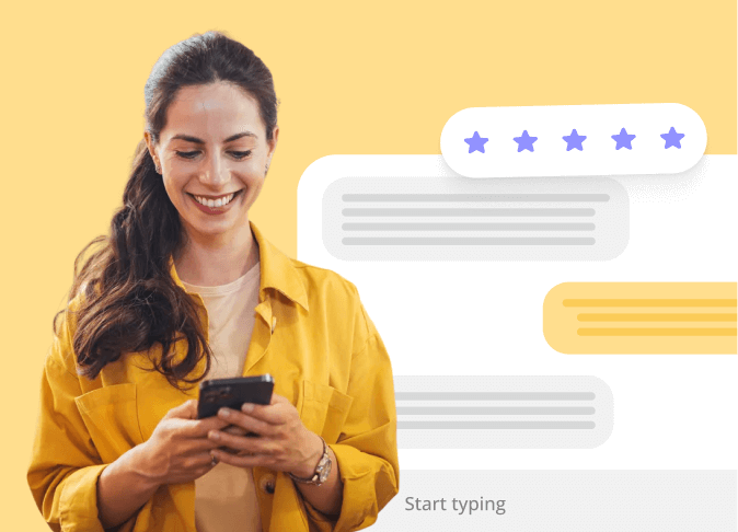  woman holding phone. messages and social media post overlay