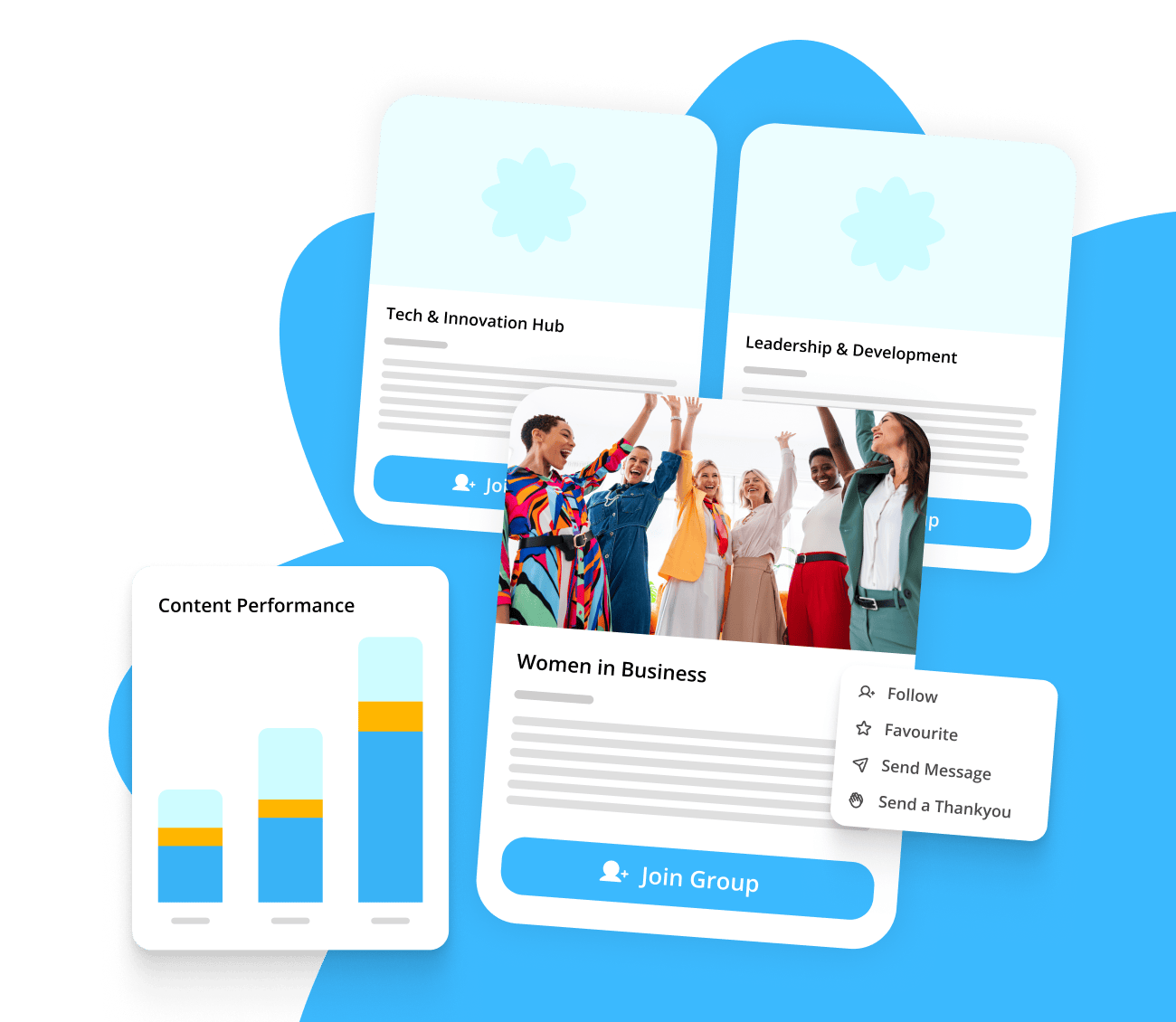 hero image. group waving. messages and social media post overlay