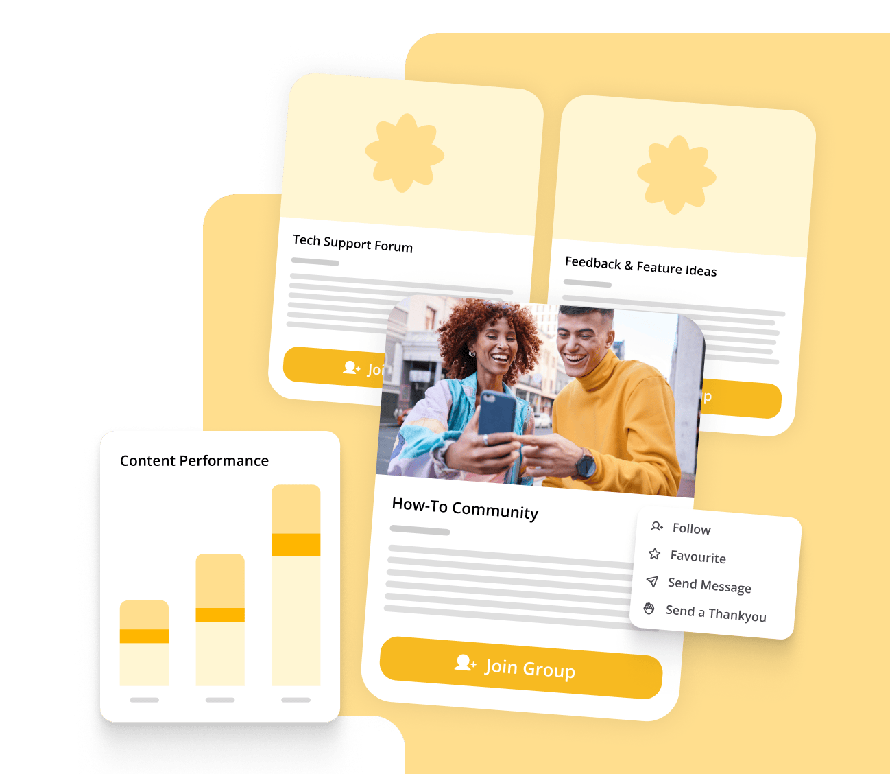 hero image. woman holding phone. messages and social media post overlay