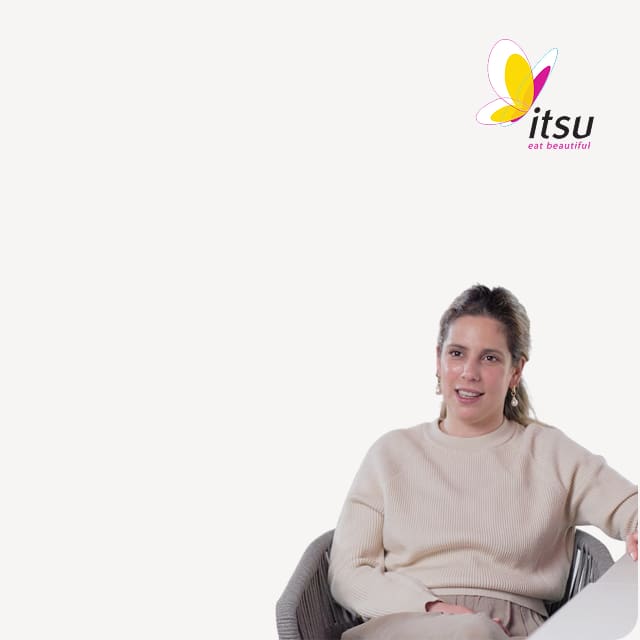 itsu logo and woman sitting on a chair