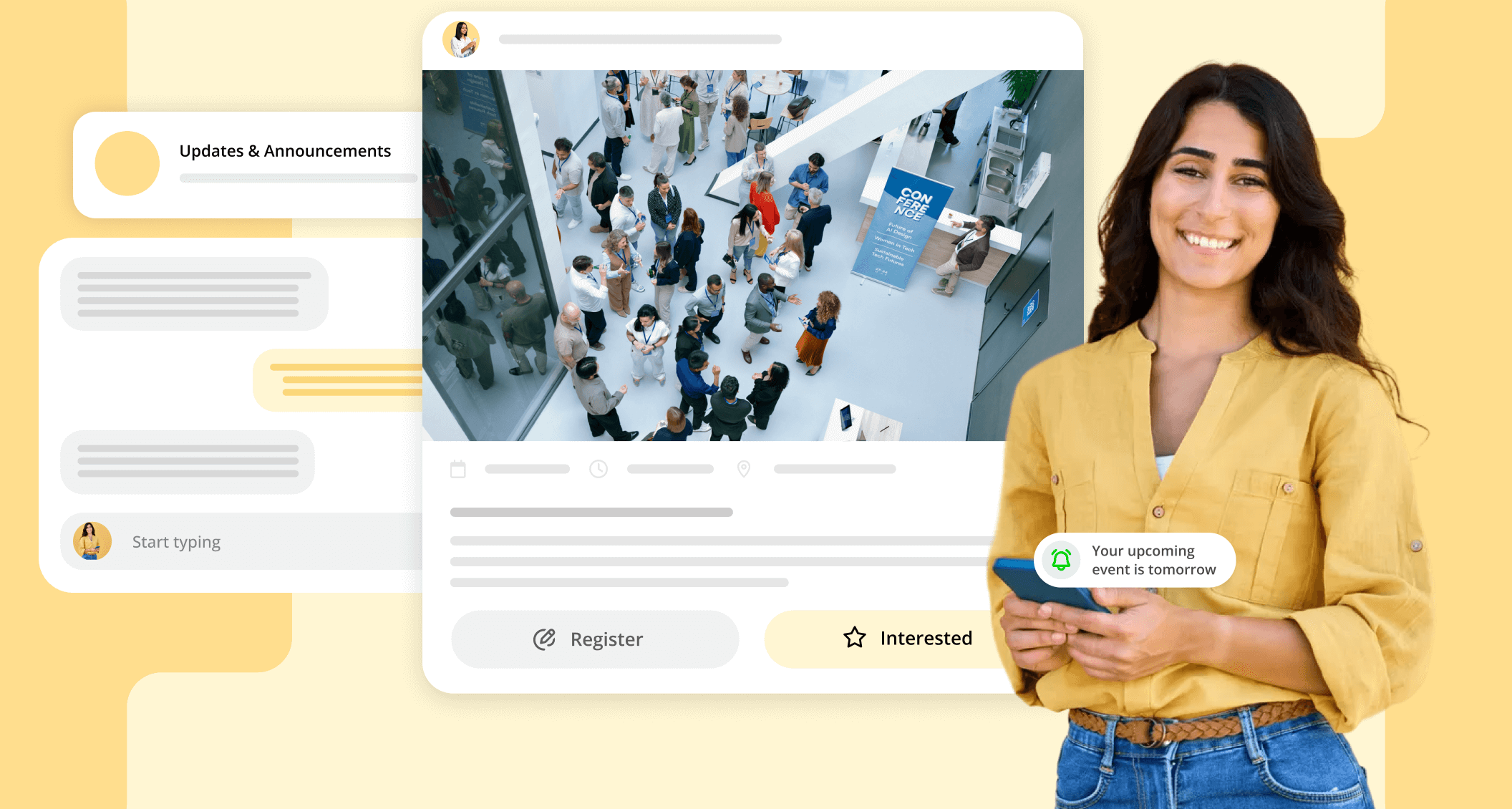 hero image. woman holding phone. messages and social media post overlay