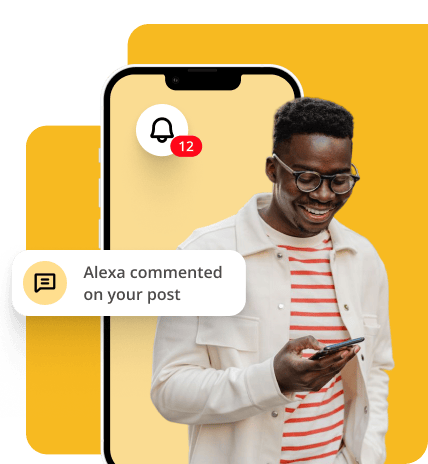 man looking at his phone.dashboard overlay on the side