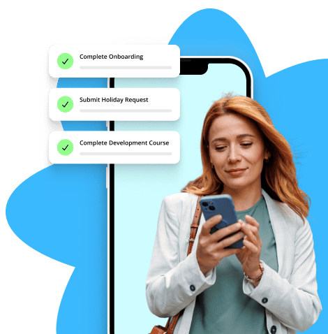 woman looking at her phone.dashboard overlay on the side